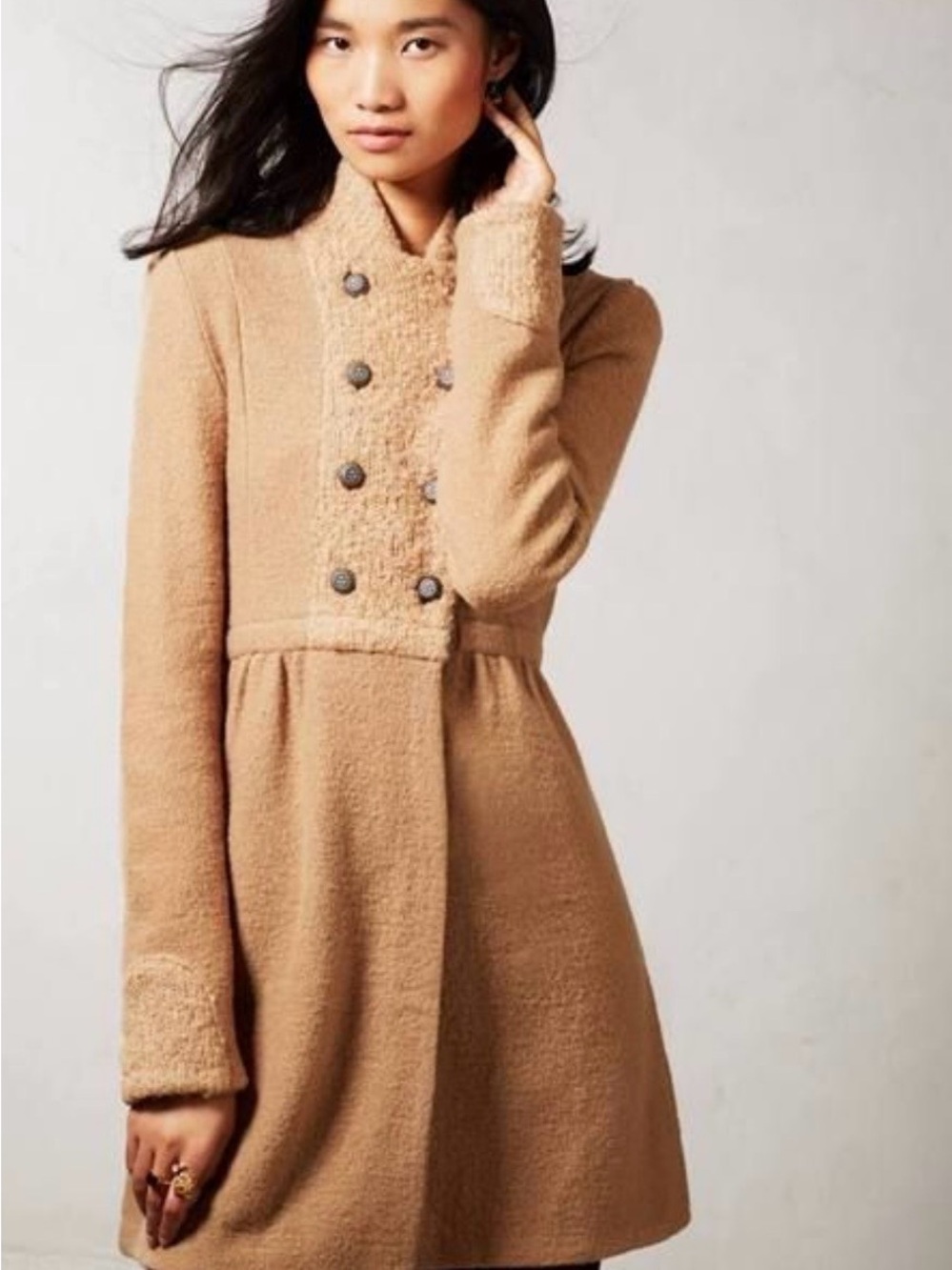 Anthropologie Moth Midtown Wool Double-Breasted Camel Colored Pea Coat